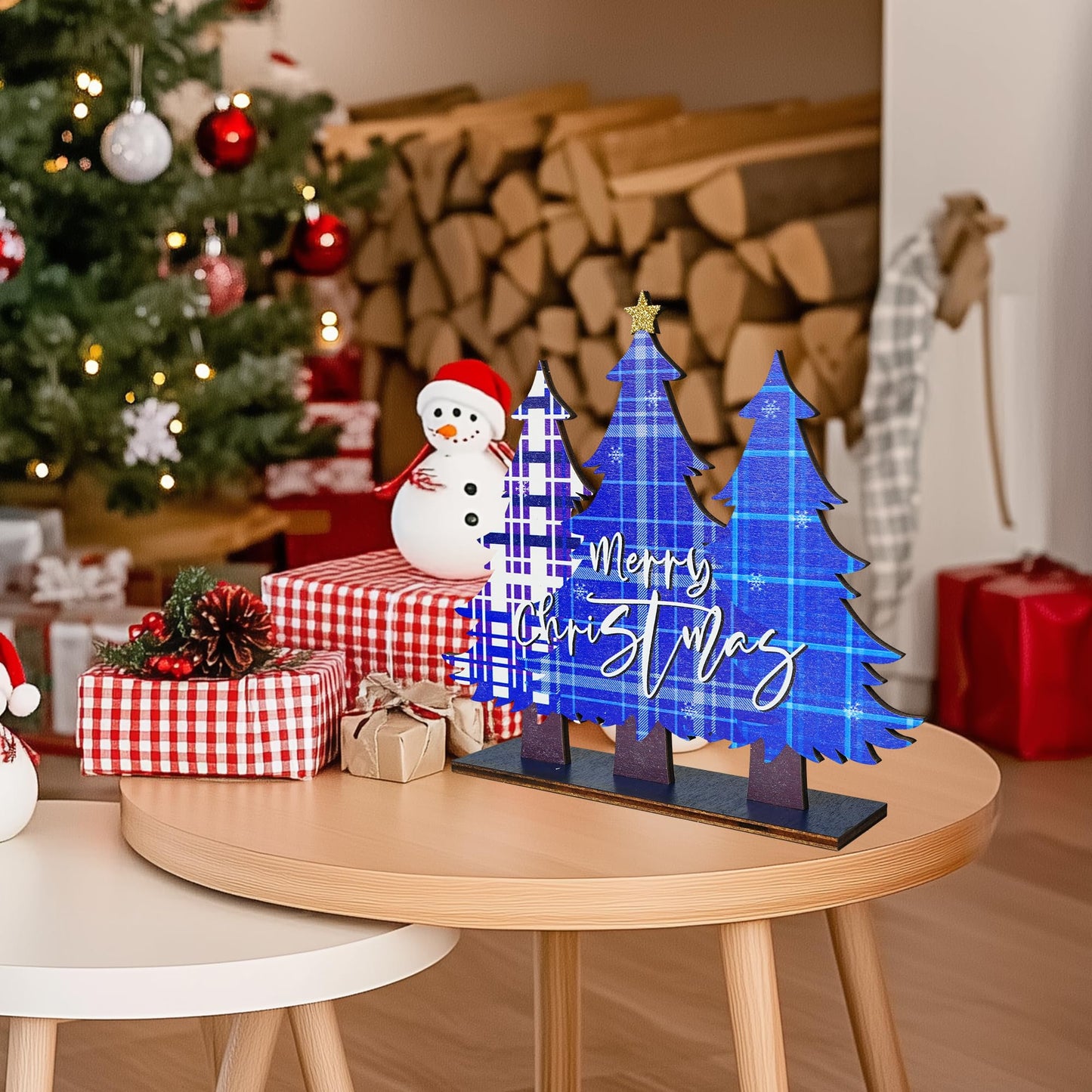 NEROSUN 5 PCS Christmas Table Centerpiece Decorations, Wooden Xmas Snowman Santa Claus Gnome Table Decorations Signs, Merry Christmas Table Toppers for Holiday Home Party Indoor Decor (Blue)