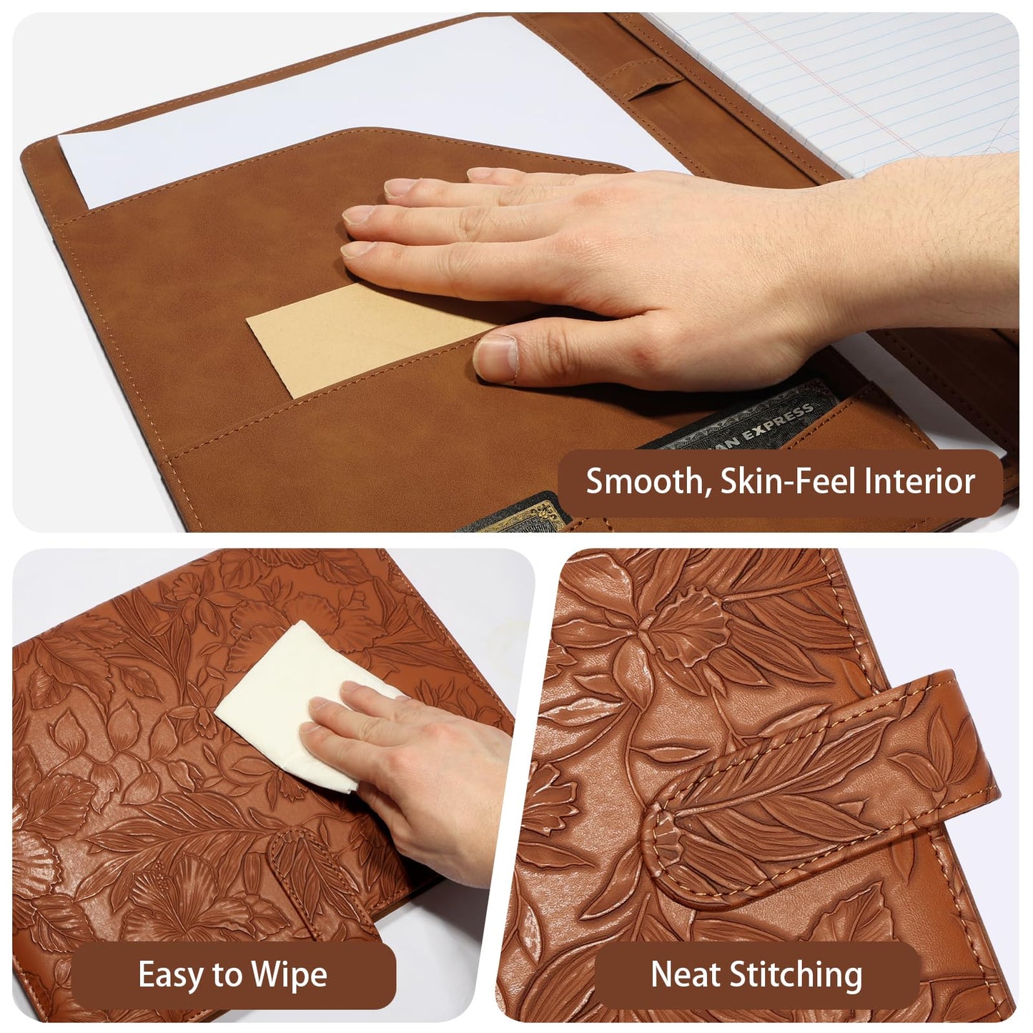 Professional Padfolio Portfolio Binder, Textured Embossing Faux Leather Folder Organizer for Letter Size Legal Pad Notepad Resume, Card Holder for Women Men Business Office Conference (Brown)