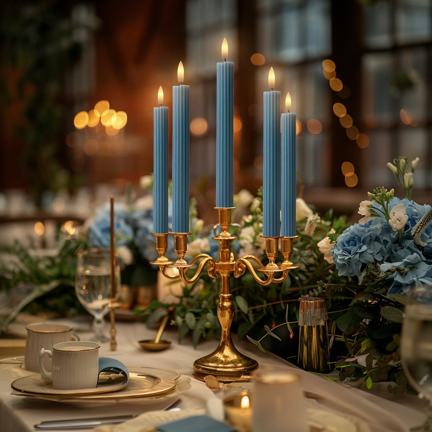 West Ivory 12 Pack, 10" LED Flameless Blue Fluted Ribbed Grooved Taper Candles with 2 Remotes & 24h Timer Memory, On/Off Button, Dimmable, Flicker Mode, Battery Operated, Christmas Menorah Wedding