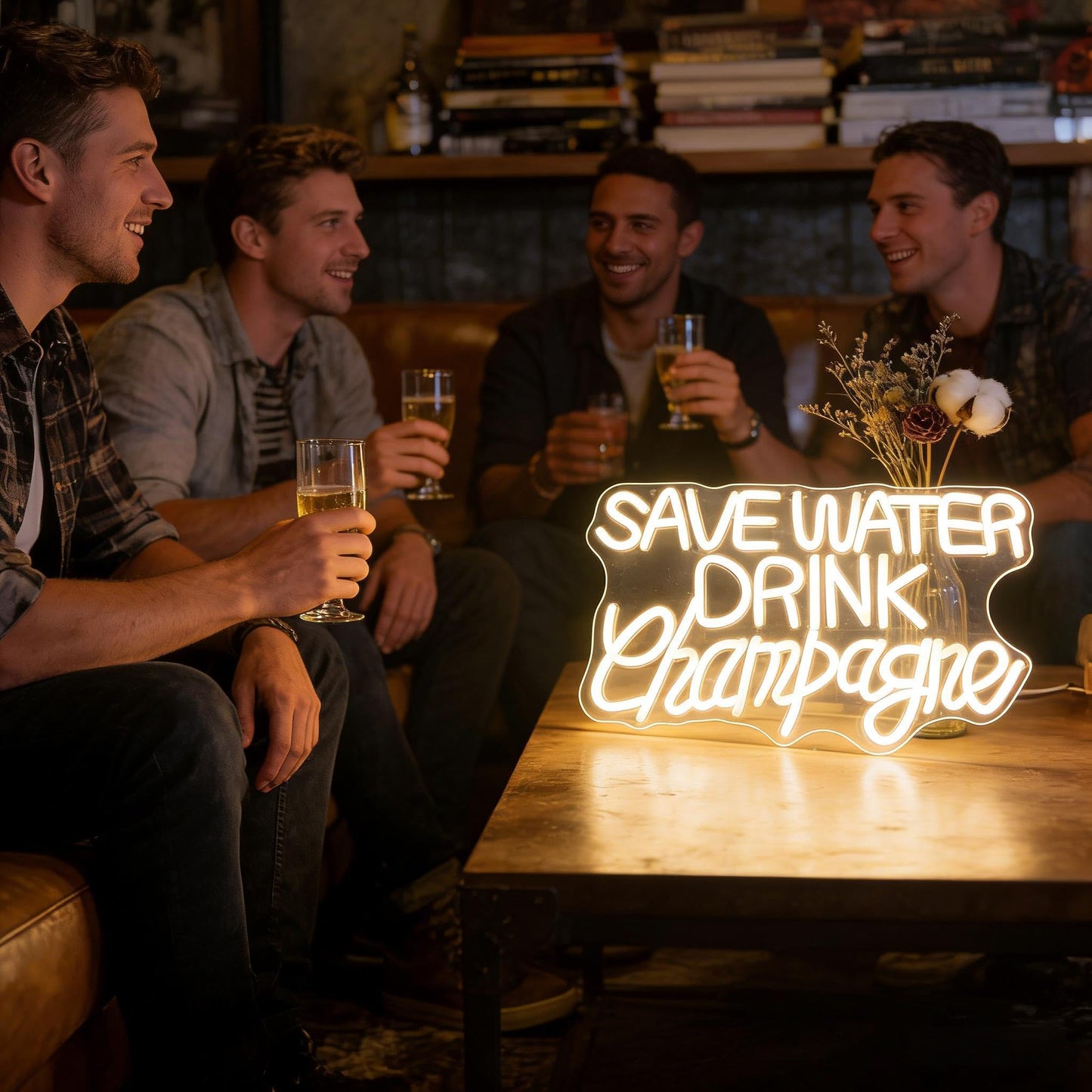 Save Water Drink Champagne Neon Sign, Champagne Theme Light Up Sign, Bar Party Restaurant Living Room Wall Table Decor, USB Powered Dimmable Led Decorative Neon Light 16.7 x 9.4 In