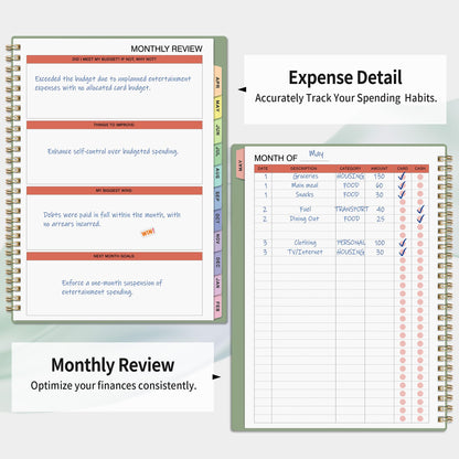 Budget Planner - Monthly Budget Book for Daily Expense Tracking, Business, Debt, Savings, B5 (7.3" x 10.15") Undated Financial Planner with Colorful Tabs Manages Your Money Effectively, Light Green