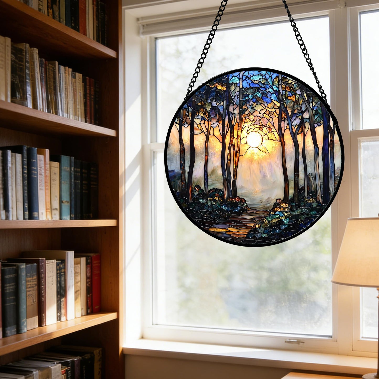 DASTOLL Stained Glass Window Hanging, Forest Sunrise Smoke Blue Brown Tree Suncatcher for Doors Window Home Landscape Sun Catchers Decor Mother's Day Birthday Gifts for Women, Men Mom 7.8 in