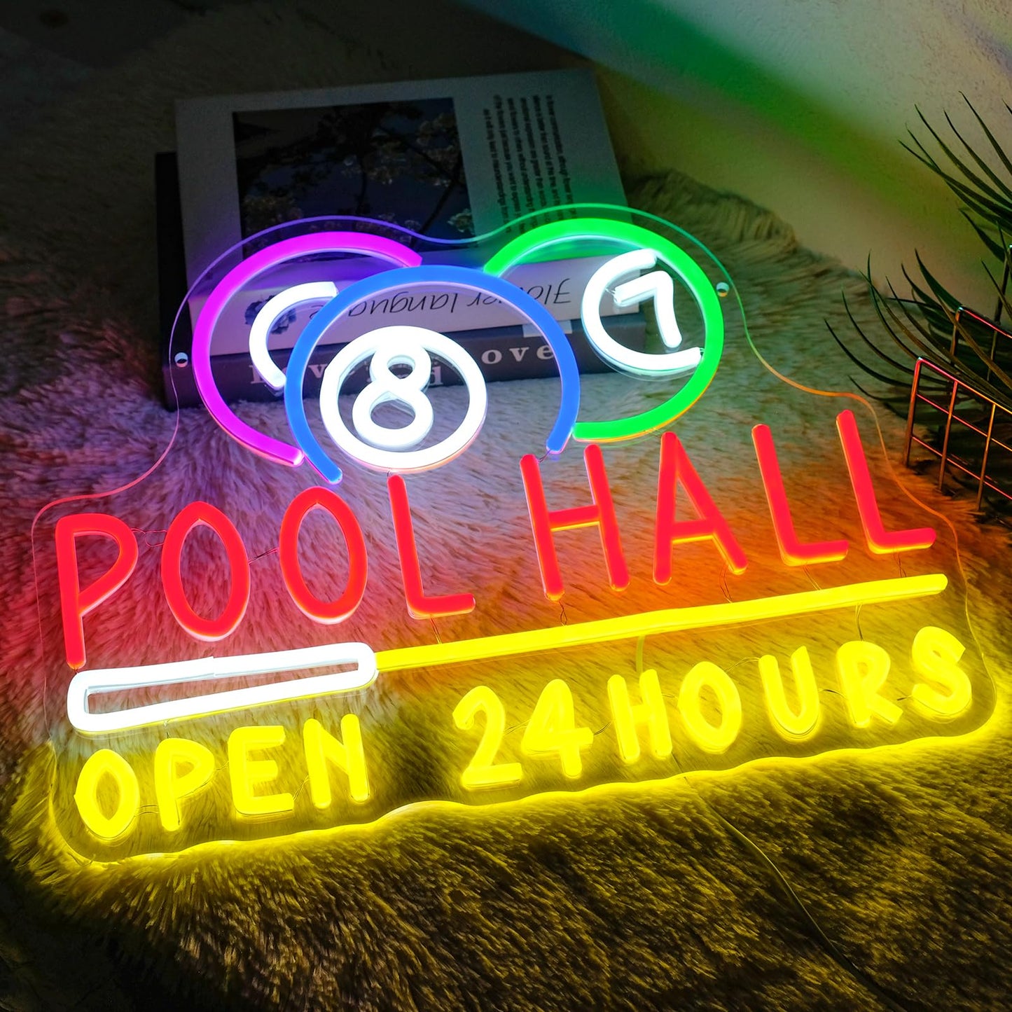Runalosa Pool Hall Open 24 Hours Neon Sign Dimmable Billiards Neon Light Sign for Wall Decor Snooker Led Signs for Home Bar Game Room Party Man Cave Club Business Decor Gift for Man 16.5" x 12.3"