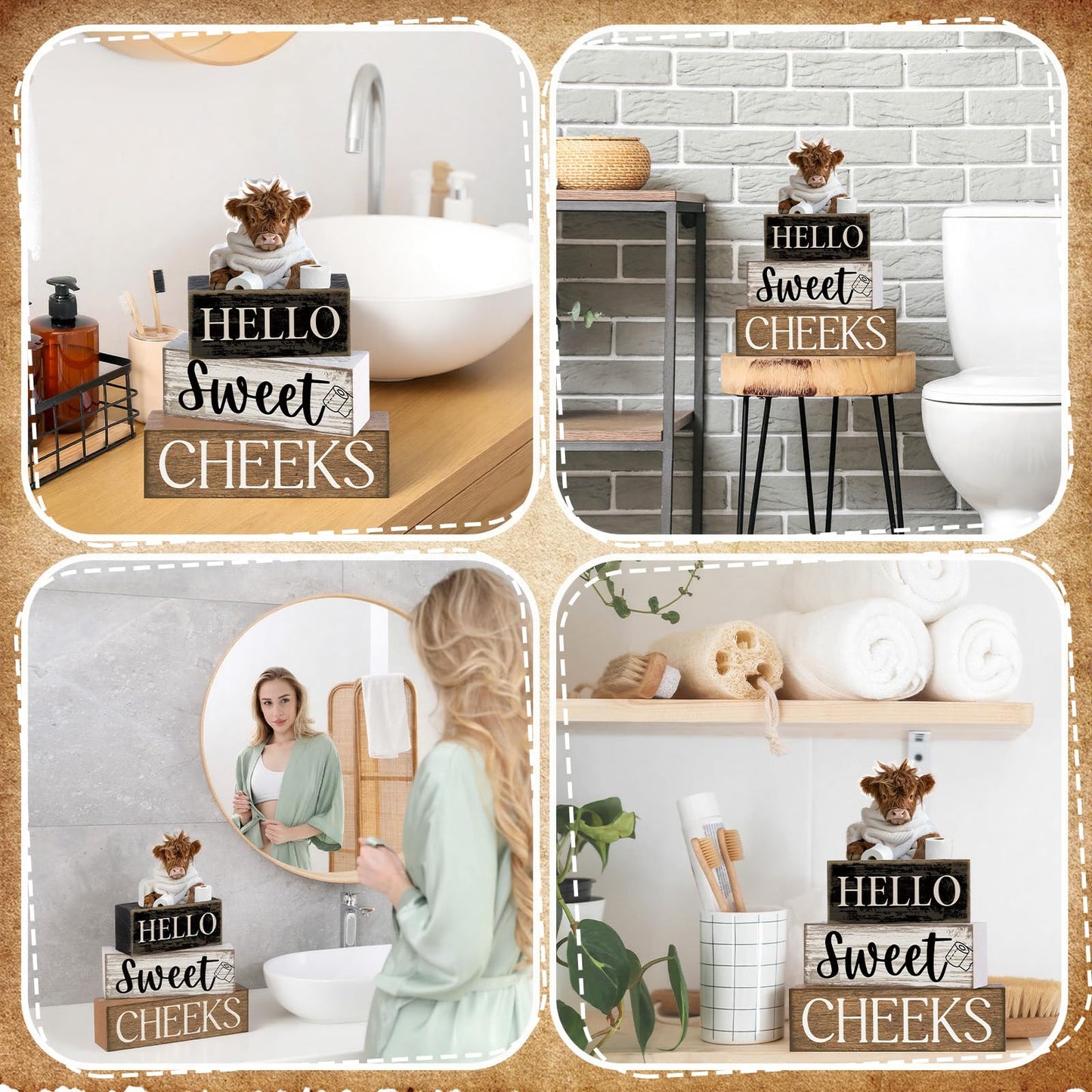 Moucuny 4 Pcs Bathroom Shelf Decor Highland Cow Farmhouse Bathroom Decor and Accessories Rustic Eucalyptus Leaves Hello Sweet Cheeks Highland Cow Sign Western Table Centerpiece for Home Office Toilet
