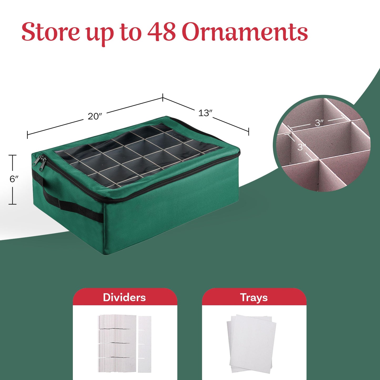 Ornament Storage Box - Zippered Organizer with 48 Individual Compartments and Dividers for Christmas Bulbs and Decorations by Tiny Tim Totes (Green)