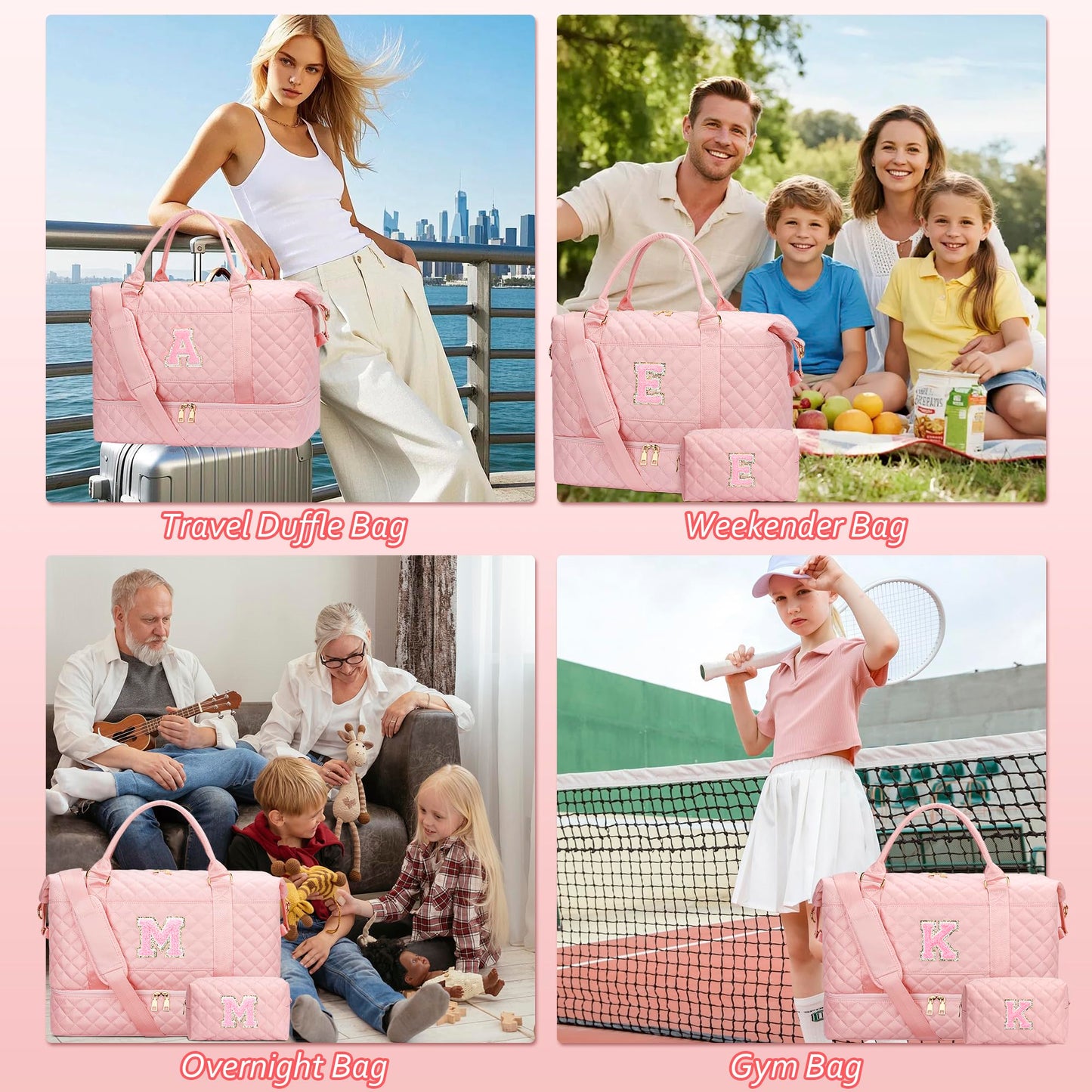 CLOUDWINGS Gifts for Women Girls Initial Travel Duffle Bag Quilted Weekender Carry-On Overnight with Cosmetic Bag, Gym Bag with Shoe Compartment Hospital Bag for Labor Delivery, Pink E