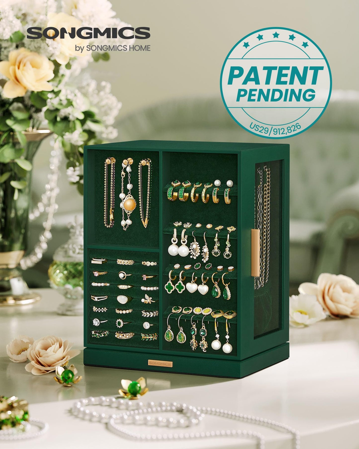SONGMICS Jewelry Box 360° Rotating, Jewelry Storage Case with 5 Drawers, Jewelry Organizer, Glass Window, Spacious, Vertical Jewelry Storage, Open Design, Great Gift, Forest Green UJBC170C01