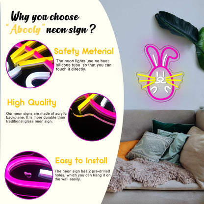 Easter Bunny Neon Sign, LED Dimmable Pink Easter Rabbit Bunny Neon Light for Wall Decor Neon Light Sign for Bedroom Bar Party Home Decor Kid Gift(11 * 13.3in)