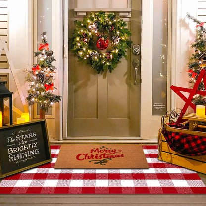 Christmas Red and White Plaid Rug, 3' x 5' Cotton Hand-Woven Layered Door Mat for Front Porch, Entryway, Outdoor Holiday Decor, Washable Buffalo Check Rug for Home, Patio, Kitchen