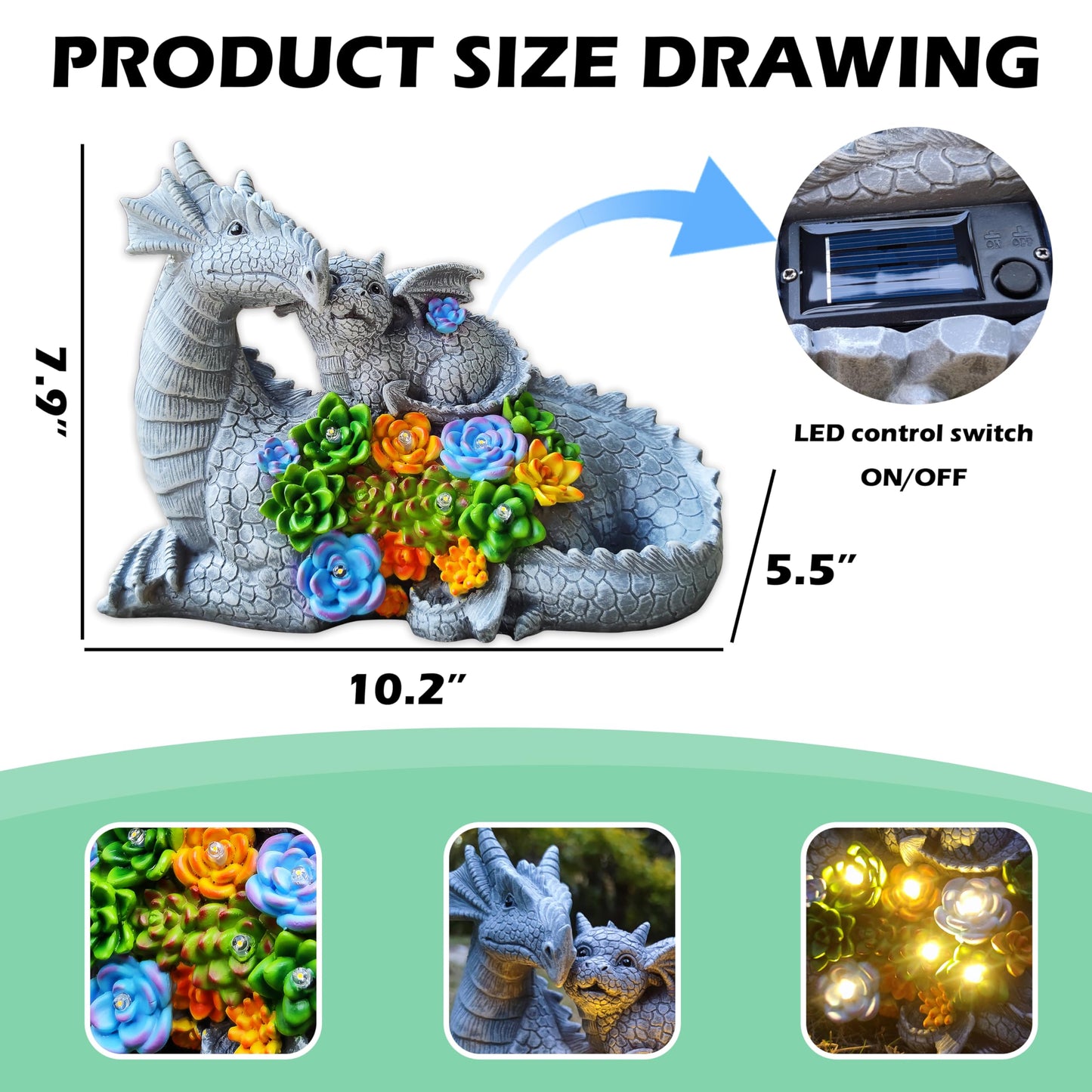 RCTTICUU Solar Dragon Garden Statues Outdoor Decor, Resin Dragon Figurine with Succulent and 6 LED Lights Lawn Patio Balcony Art Decoration,Housewarming Birthday Gifts for Grandma Mom Women