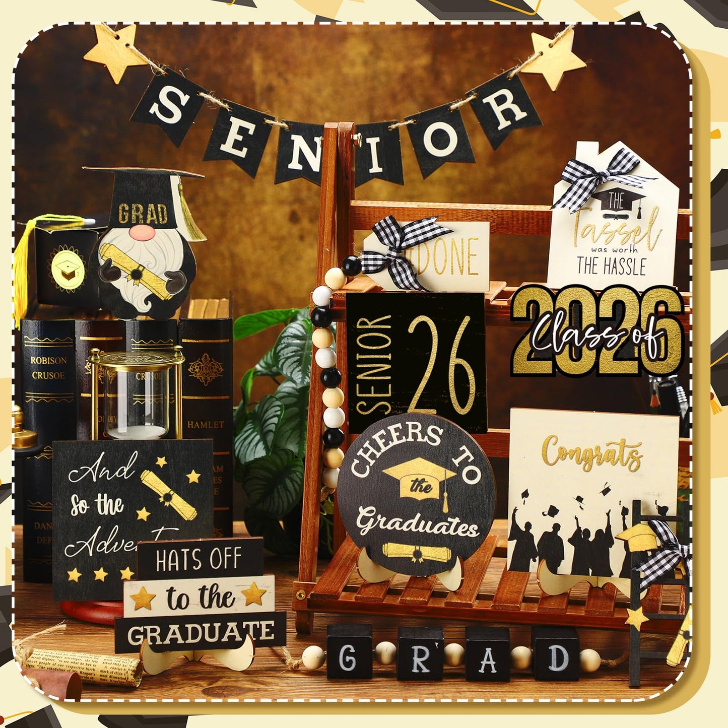 Mifoci 19 Pcs Graduation Tiered Tray Decor Set 2026 Graduation Farmhouse Wooden Sign Tray Decorative for Party Kitchen Table Centerpiece Supplies