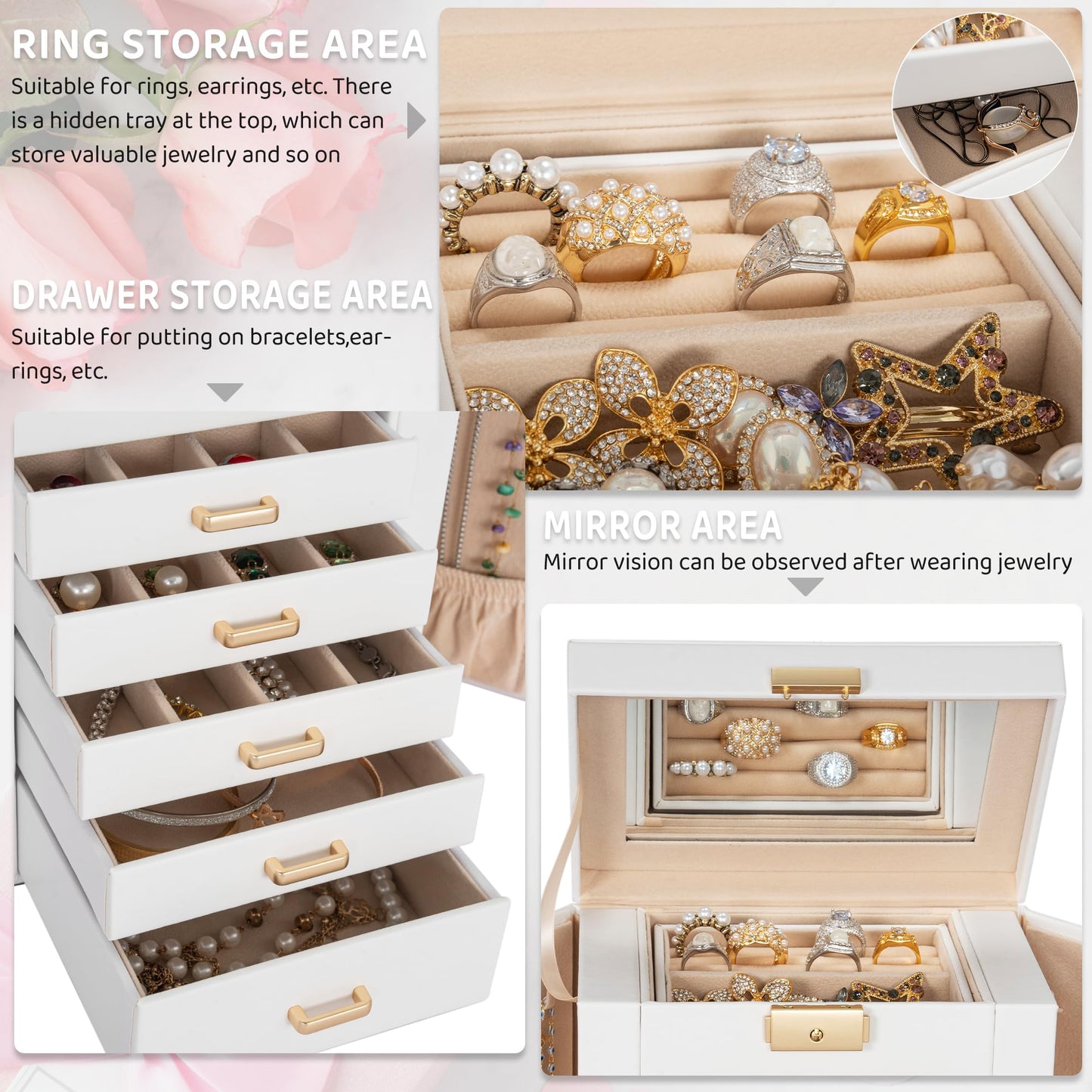 AKOZLIN 6-Tier Jewelry Box Lockable Leather Jewelry Storage Case with 5 Drawers for Women Girls Ring Necklace Earring Bracelet Holder Organizer with Mirror