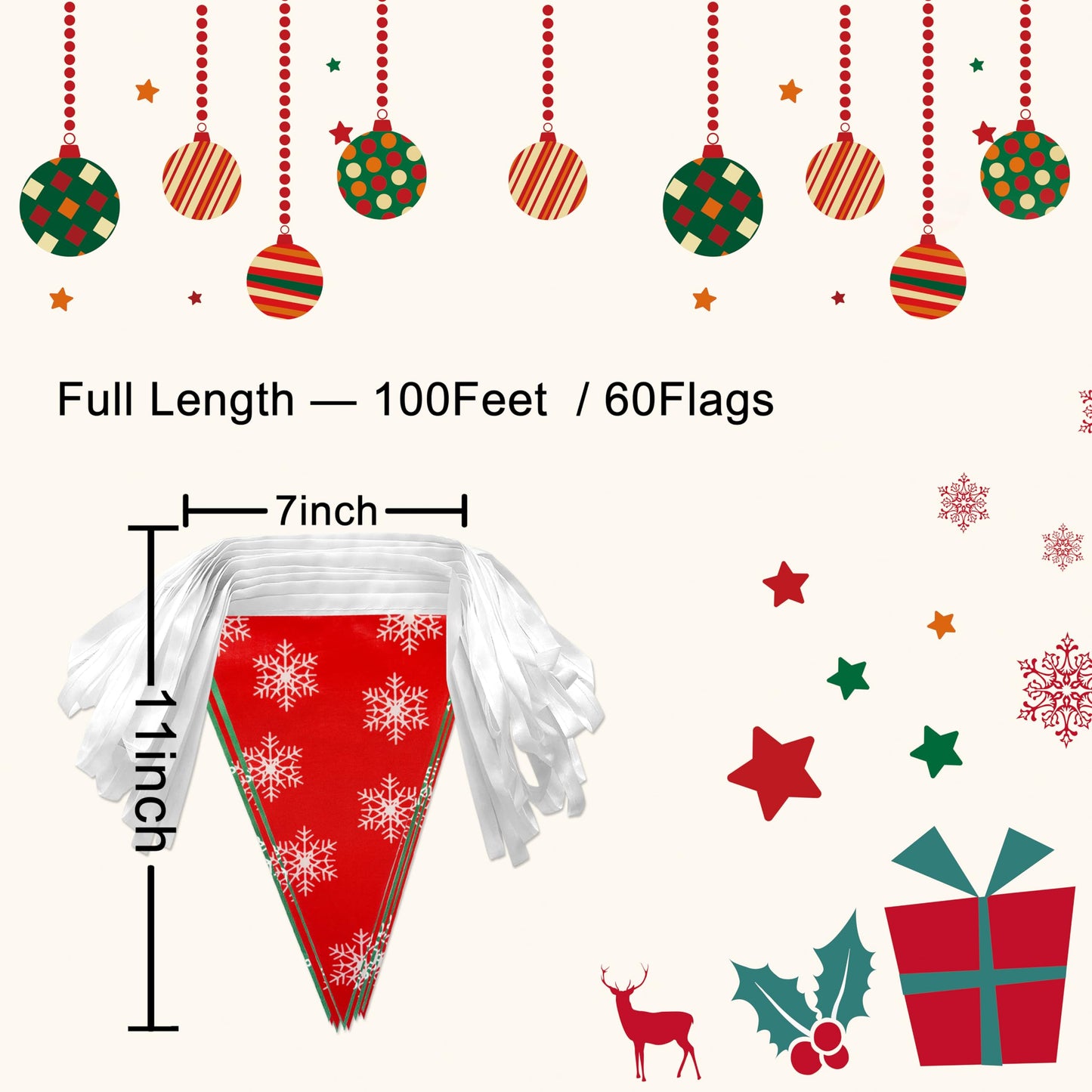 LoveVC 100 Feet Red Green Christmas Pennant Banner Flags String Triangle Bunting Garland with White Snowflakes for Christmas Tree Indoor Outdoor Shops Hanging Decoration,60 Pcs