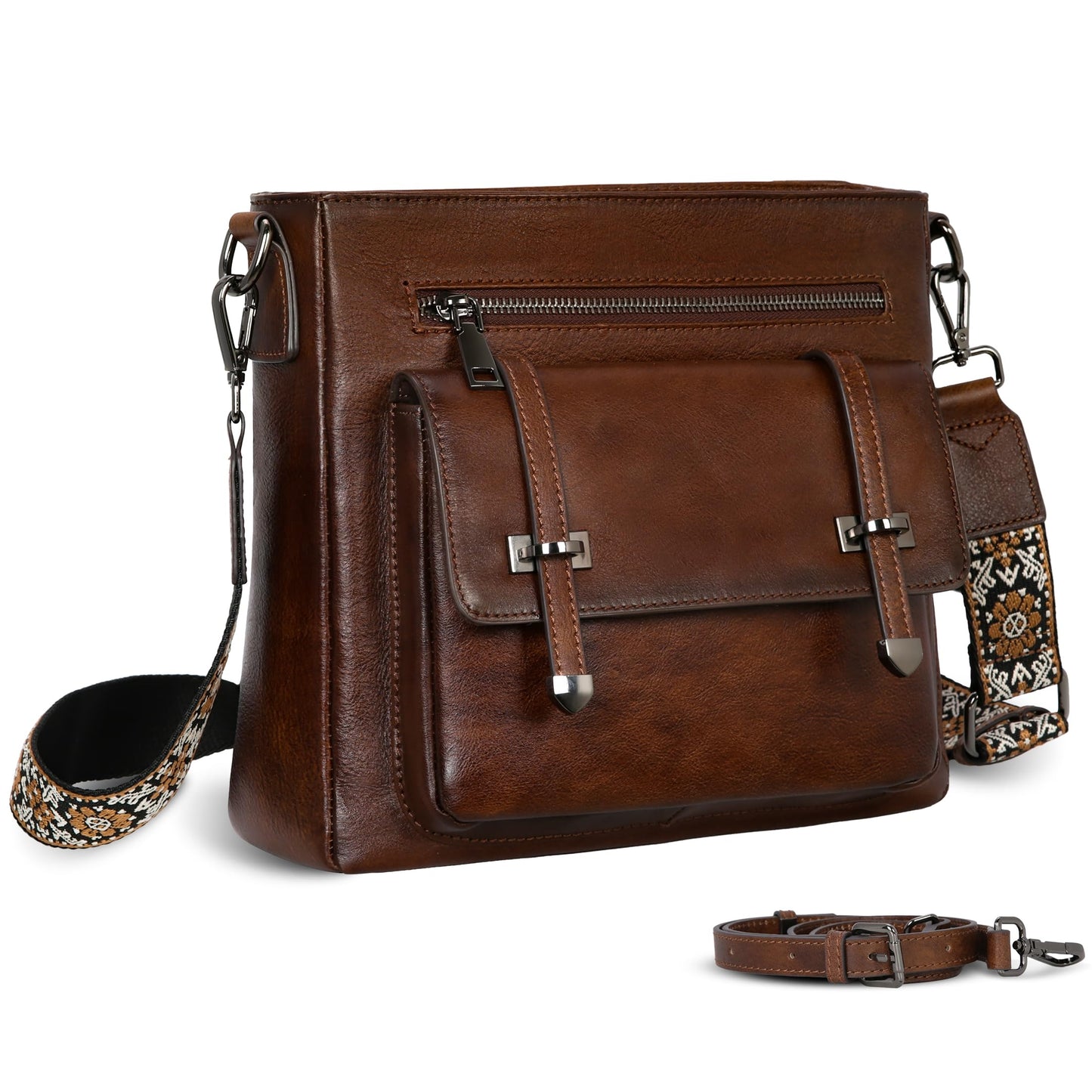 Iswee Soft Leather Crossbody Bags for Women Shoulder Handbags Multi Pocket Travel Purse with Adjustable Strap Medium Size (Coffee)