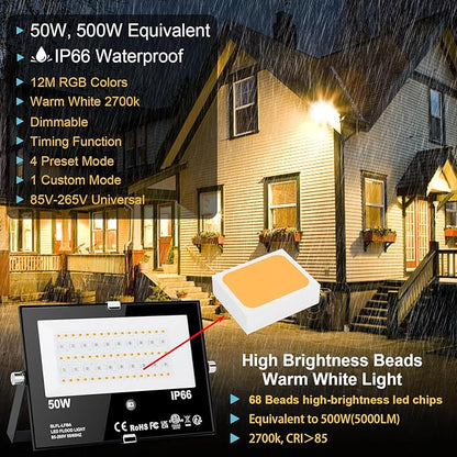 LED Flood Light Outdoor 500W Equivalent Color Changing Landscape Lighting, Timing+120 Colors Strobe+2700K Warm White+DIY Flash,IP66 Waterproof Up Stage RGB Led Light Indoor US 3Plug 6Pack with Stake