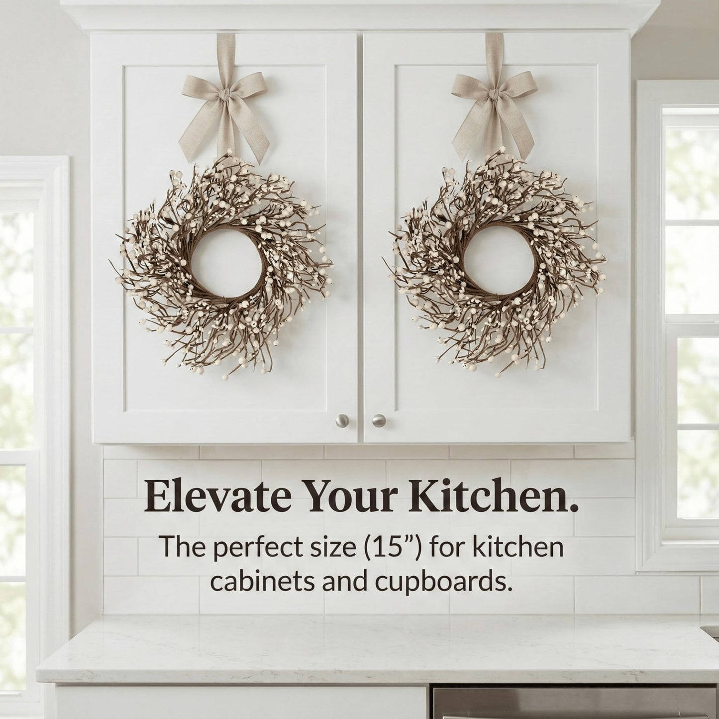 Quixem 15" Cream Pip Berry Mini Wreath (4.5" Inner Dia), Rustic Ivory Artificial Wreath Ring for 3" Pillars, Small Farmhouse Kitchen Cabinet Decor, Wedding Centerpiece