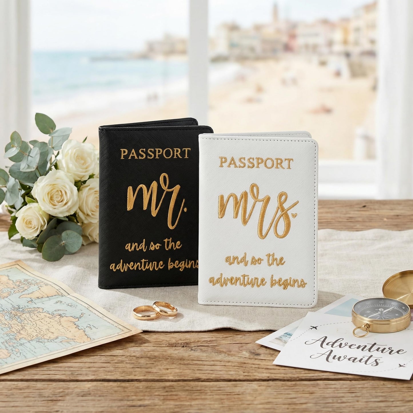 Passport Holder Set for Couples, Mr and Mrs Embroidered Passport Covers, PU Leather Travel Accessory, Wedding and Honeymoon Gift (Embroidered Black White Gold)
