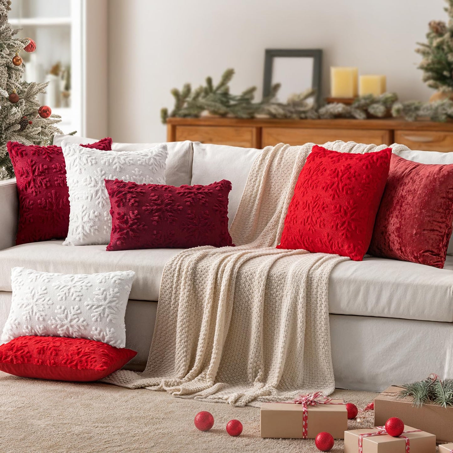 MIULEE Christmas Pure White Throw Pillow Covers Snowflakes Decorative 18×18 Inch Faux Wool Winter Festival Couch Pillow Covers Set of 2 Farmhouse Holiday Home Decors for Sofa Livingroom Bed