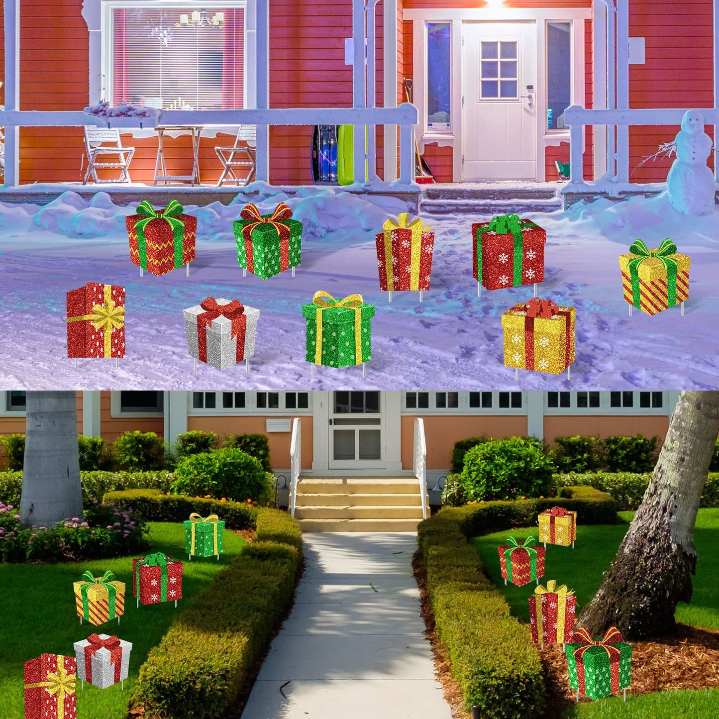 Tiamon 9 Pcs Christmas Decoration Outdoor Present Yard Sign with Stakes Xmas Lawn Gift Box Decor for Home Outdoor Pathway Walkway Patio Garden Party Supplies
