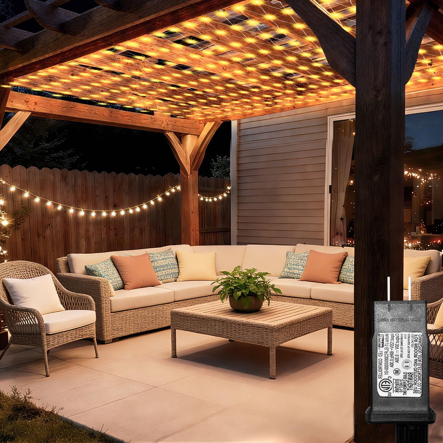 8ft x 8ft Net Lights, 180LED Gazebo Lights Outdoor 8 Modes Timer, Waterproof Connectable Christmas String Lights Clear Wire Plug in for Bushes Patio Pergolas Garden Holiday Party - Warm White