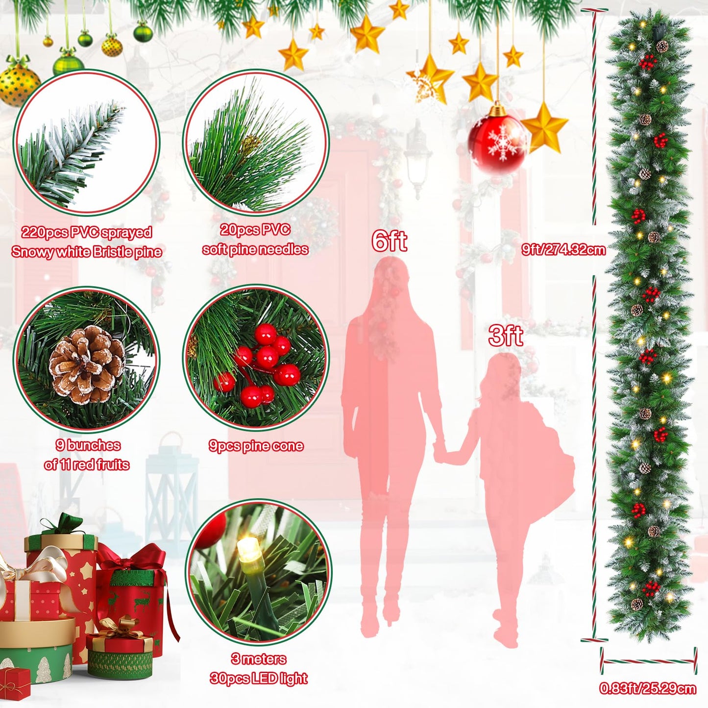 Christmas Garland with Lights - 9FT Pre-Lit Flocked Garland with 30 LED Bulbs, Red Berries, Pine Cones, Artificial Pine Battery Operated Garland for Fireplace, Staircase, Indoor & Outdoor Decoration