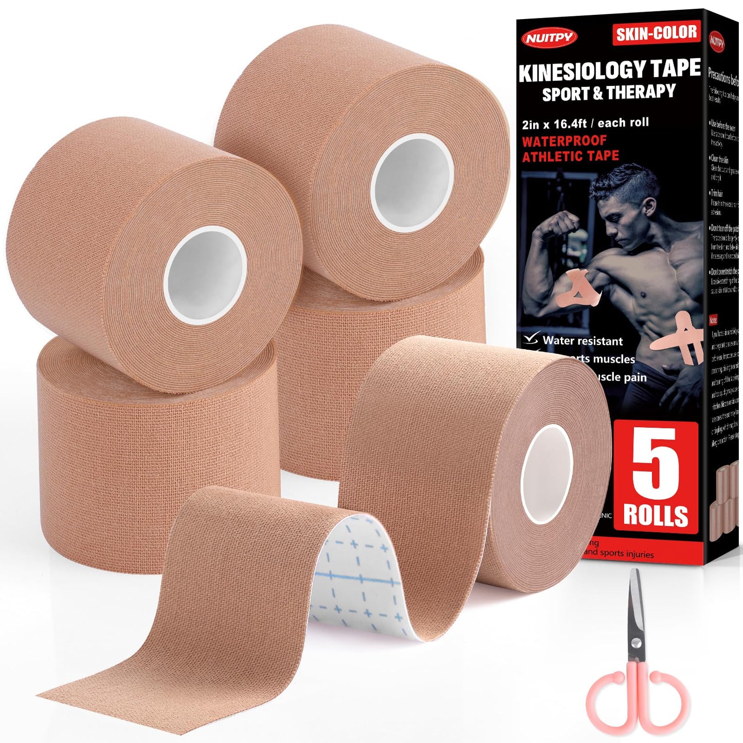 5 Rolls Kinesiology Tape, 2 inch x 16.4 Feet Waterproof Athletic Tape, Uncut Kinetic Tape, Muscle Tape, Sports Tape, Knee Tape for Exercise and Daily Use - Skin Color