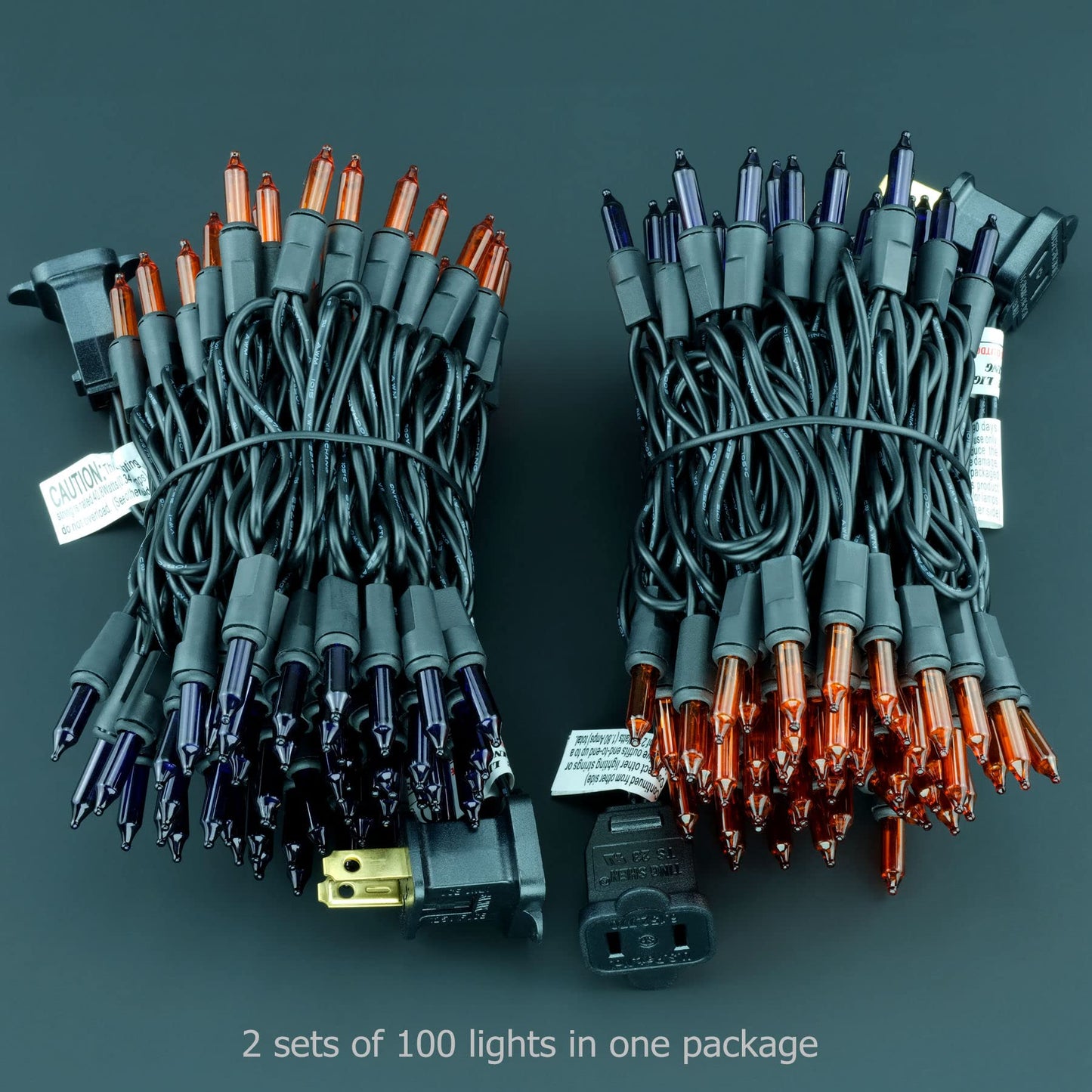 YULETIME 200 Orange Purple Halloween Lights, 2-Set 21 ft 100 ct Black Wire