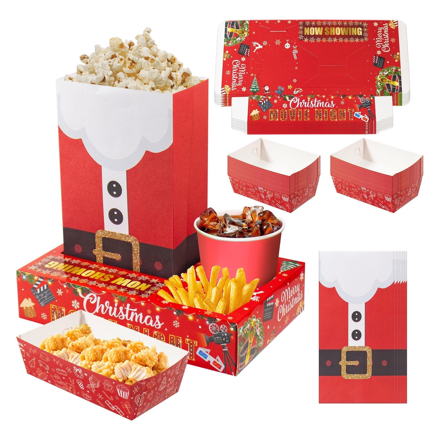 Rzoklot 48PCS Christmas Movie Night Party Supplies – 24 Snack Boxes, 12 Food Trays, 12 Popcorn Bags – Festive Disposable Snack Holders for Holiday Parties, Family Gatherings & Home Theater