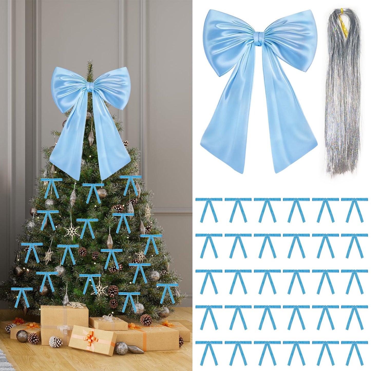 17x23 Inch Large Blue Bow for Christmas Tree Topper Christmas Tree Decoration Set: 24 Small Velvet Bows, 1 Pcs Big Tree Topper Bow, 3000 Strands of Tinsel Icicles for Holiday Decor (Blue)