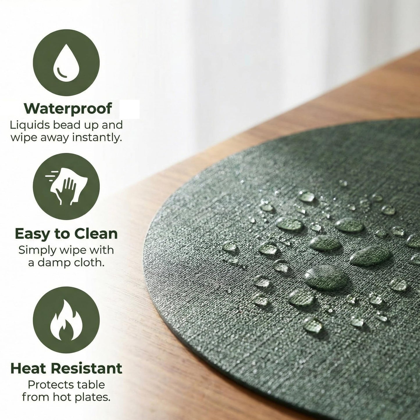 BARTHKIT Placemats Set of 6 - Washable Heat Resistant Table Placemats - Wipeable Faux Leather Oval Place Mats, Waterproof Table Mats for Dining Table, Green