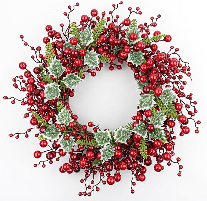 JINGHONG Artificial Christmas Wreath 20 Inch Christmas Wreaths for Front Door Red Berry Wreath with Holly Berries Leaves Pine Needles for Indoor Outdoor Xmas Winter Holidays
