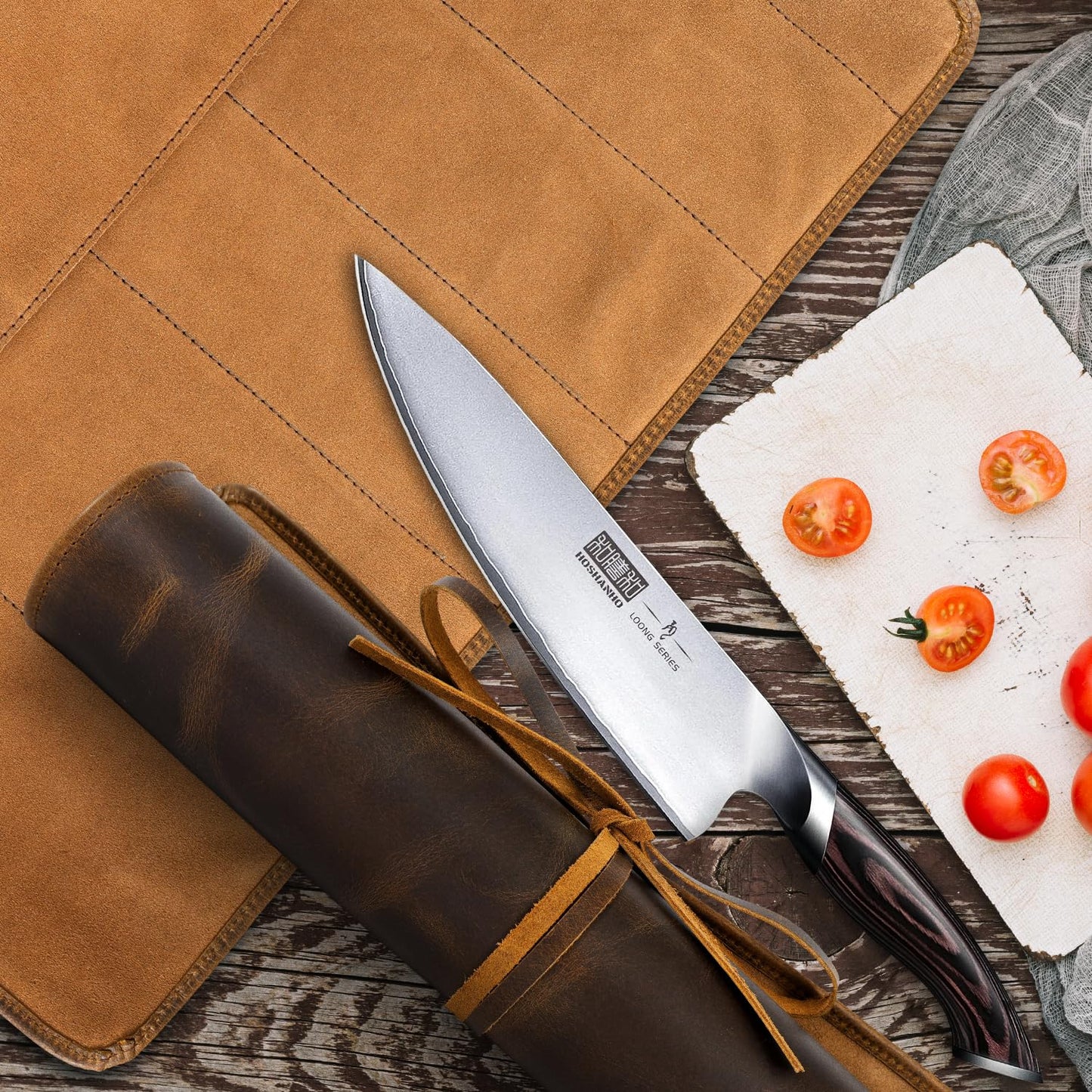 ELIZO Leather Knife Roll Bag Professional Chef Knife Case, Durable Sheath Holder, Cooks & Culinary Tools Carrying Storage, Portable Wrap - 6 Slots