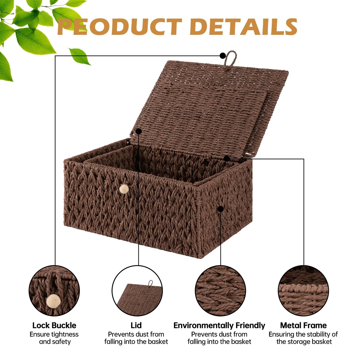 OIAHOMY Wicker Storage Basket with Lid & Lock, Lidded Storage Bins, Decorative Baskets for Organizing, Set of 2-Brown
