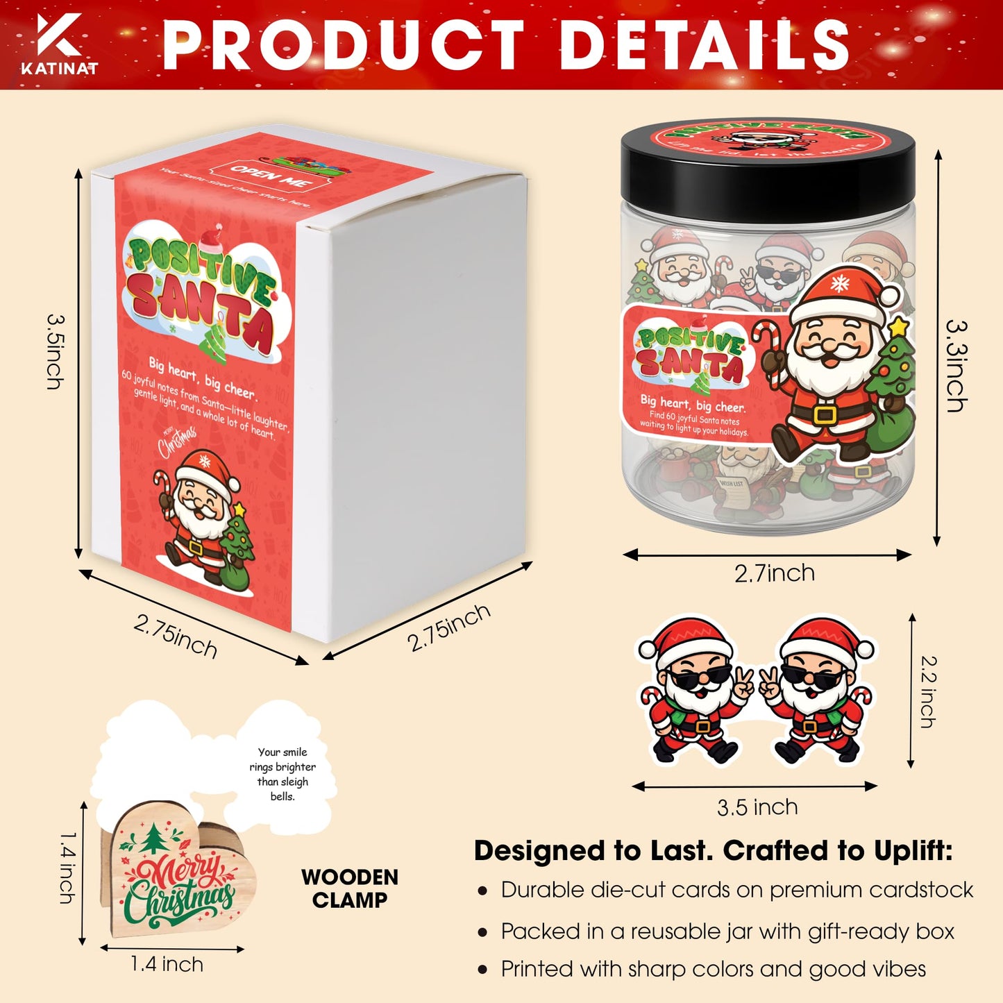 Positive Santa Jar – 60 Funny Emotional Support Christmas Affirmation Cards, Stocking Stuffer, Cute Desk Home Decor for Women, Men, Teens, Teachers & Coworkers