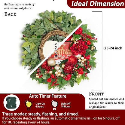 Christmas Wreaths for Front Door 24 Inch Christmas Wreath with Red Flowers, Berries, Gold Ornaments and LED Lights,Holiday Wreath for Indoor Outdoor Christmas Decorations