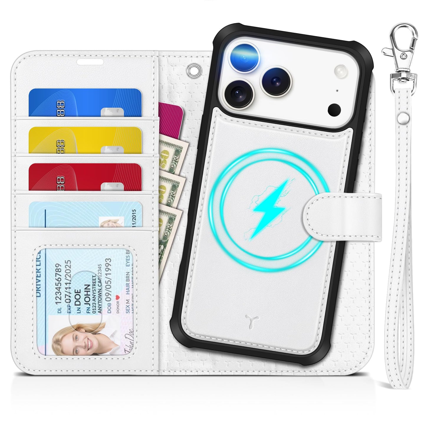 TUCCH 2-in-1 Detachable Wallet Case for iPhone 17 Pro Max (6.9") 2025, Wireless Charging | RFID Blocking 4 Card Holder | Wrist Strap | Kickstand | Magnetic | PU Leather | Protective Flip Cover | White