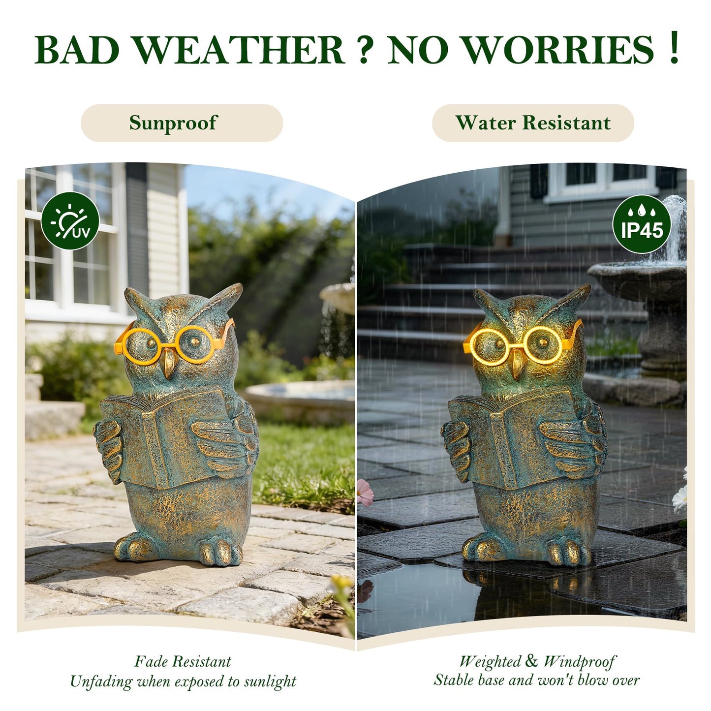 zuzuzen Reading Owl Statue with Solar Glasses Bronze Resin Garden Decoration Outdoor Figurine Light for Patio, Yard, Lawn, Housewarming Home Decor Gift for Women