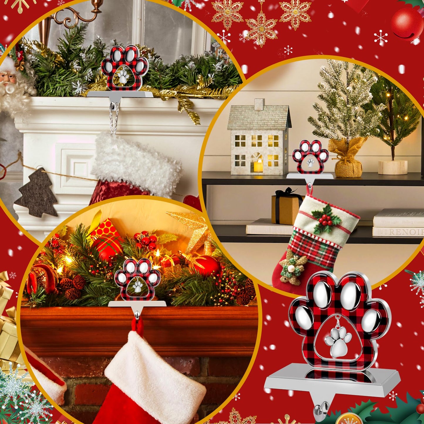 Hxezoc 2 Pack 3D Dog Paw Christmas Stocking Holder with Small Dog Paw Pendant Silver Metal Mantel Pet Paw Stocking Hangers for Christmas Fireplace Mantel Decorations Christmas Holiday Supplies