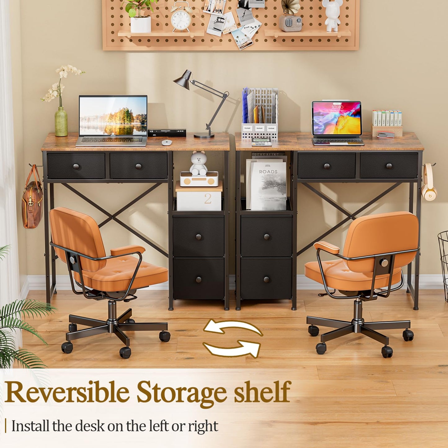 3IngSeagulls Small Computer Desk with 4 Fabric Drawers, Simple Writing Desk for Home Office, Compact Study Desks for Small Spaces, Kids Desk Study for Bedroom, Rustic Brown