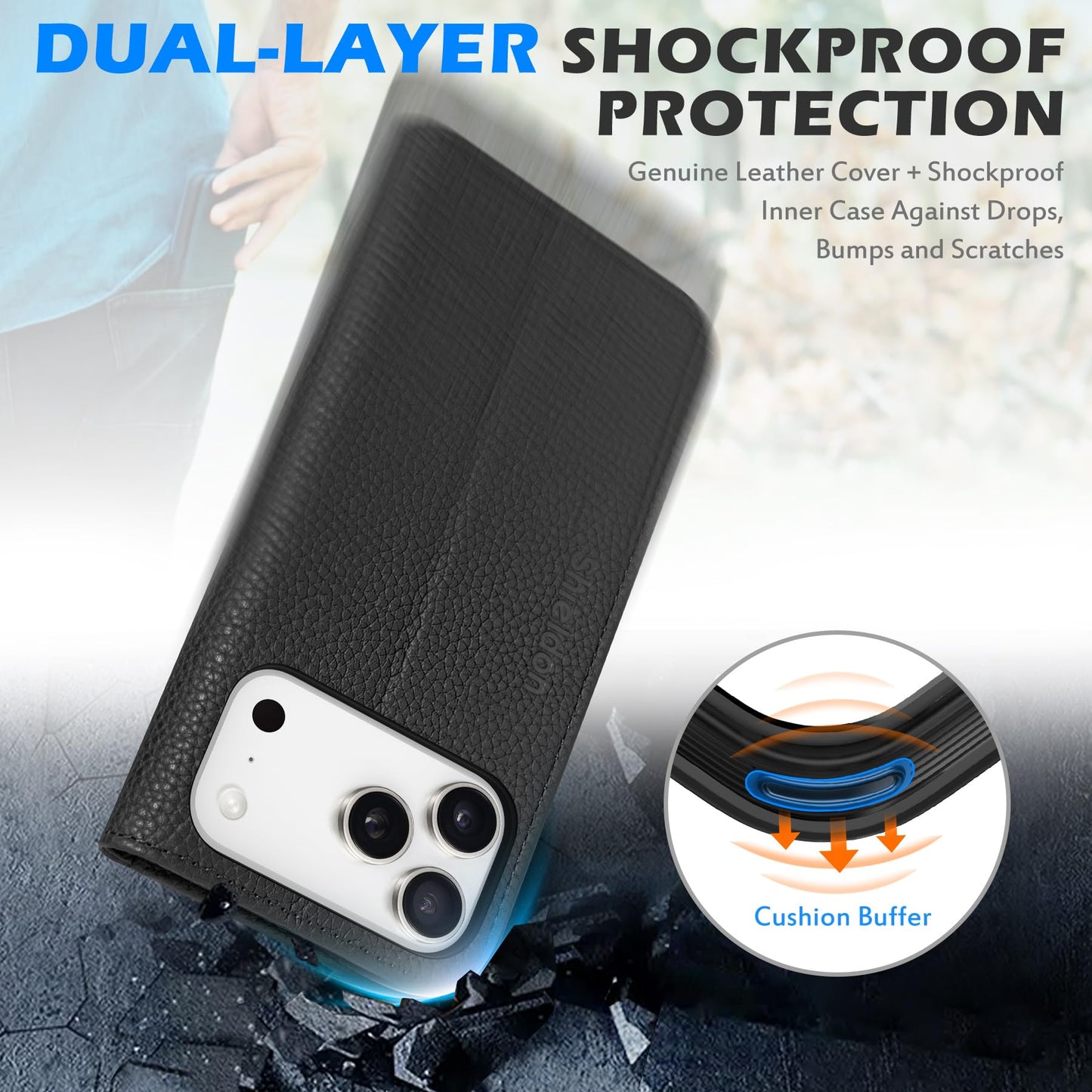SHIELDON Real Leather Case Wallet for iPhone 17 Pro Max 6.9-inch | Foldable, Kickstand, RFID Blocking Credit Card Slot, Magnetic Closure, TPU Protective Inner Cover 5G 2025 - Pebbled Black