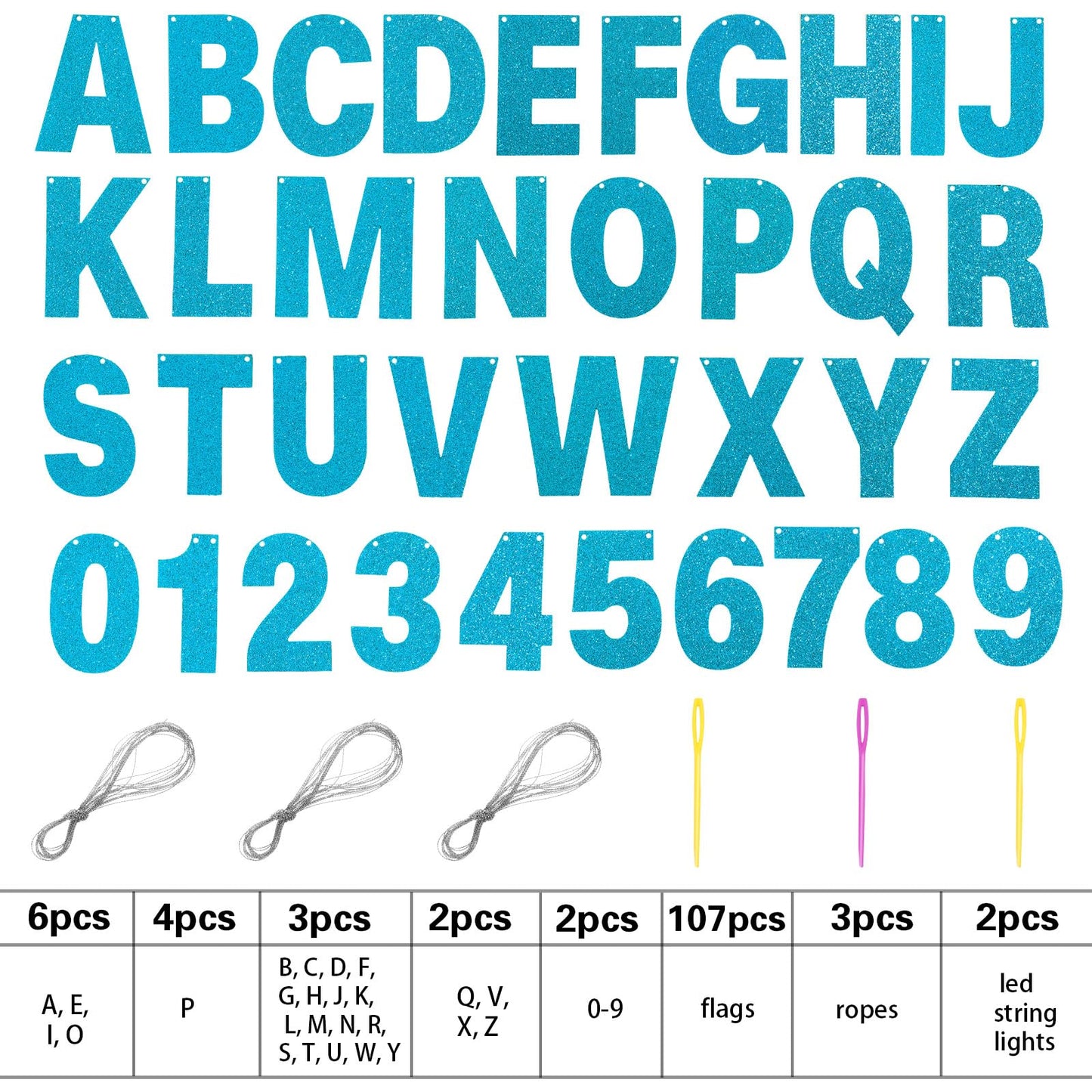 TaoBary 112 Pcs DIY Letter Kit Glitter Customizable Banner Letters Include 107 Letters and Numbers 3 Rope and 2 Needles for Birthday Halloween Christmas Wedding Valentine Party Decor(Baby Blue)