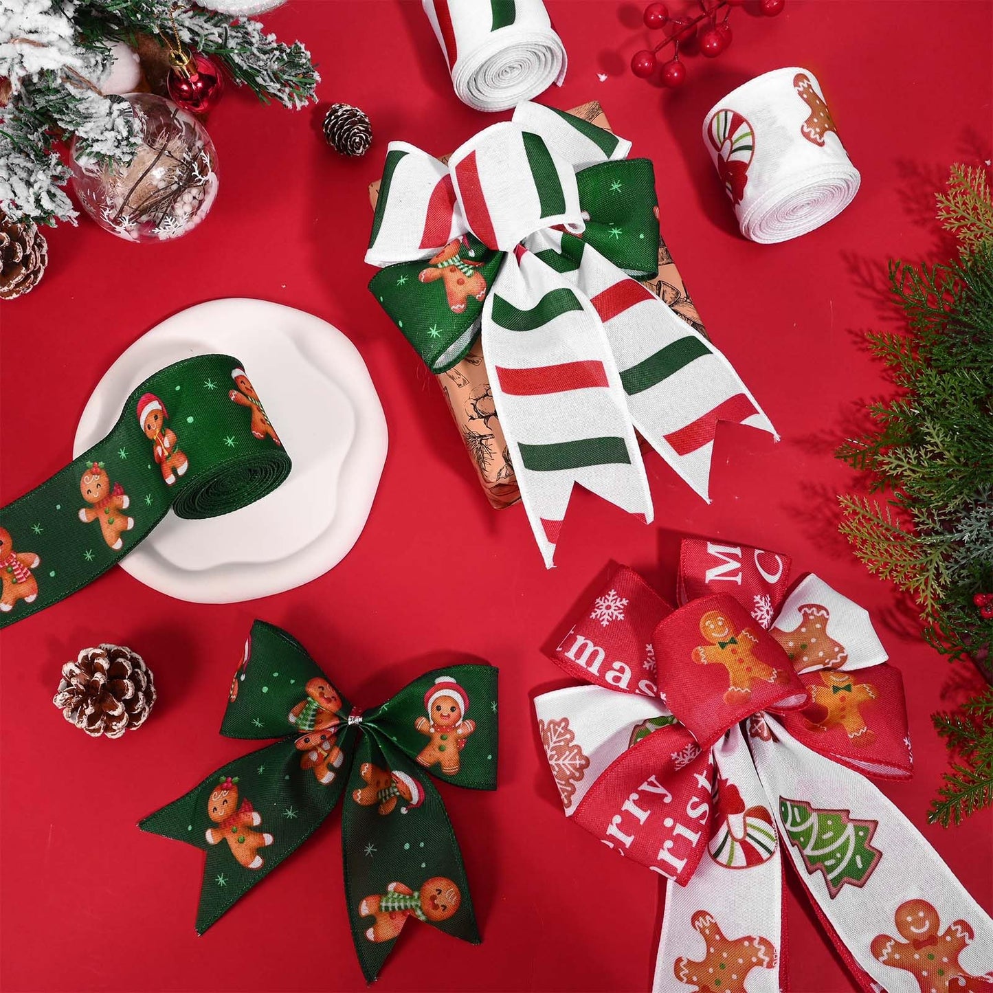 Gingerbread Christmas Wired Ribbons - 20 Yards, 2.5 Inch, Candy Cane, Gift Wrapping, DIY Bows & Wreath Decorations