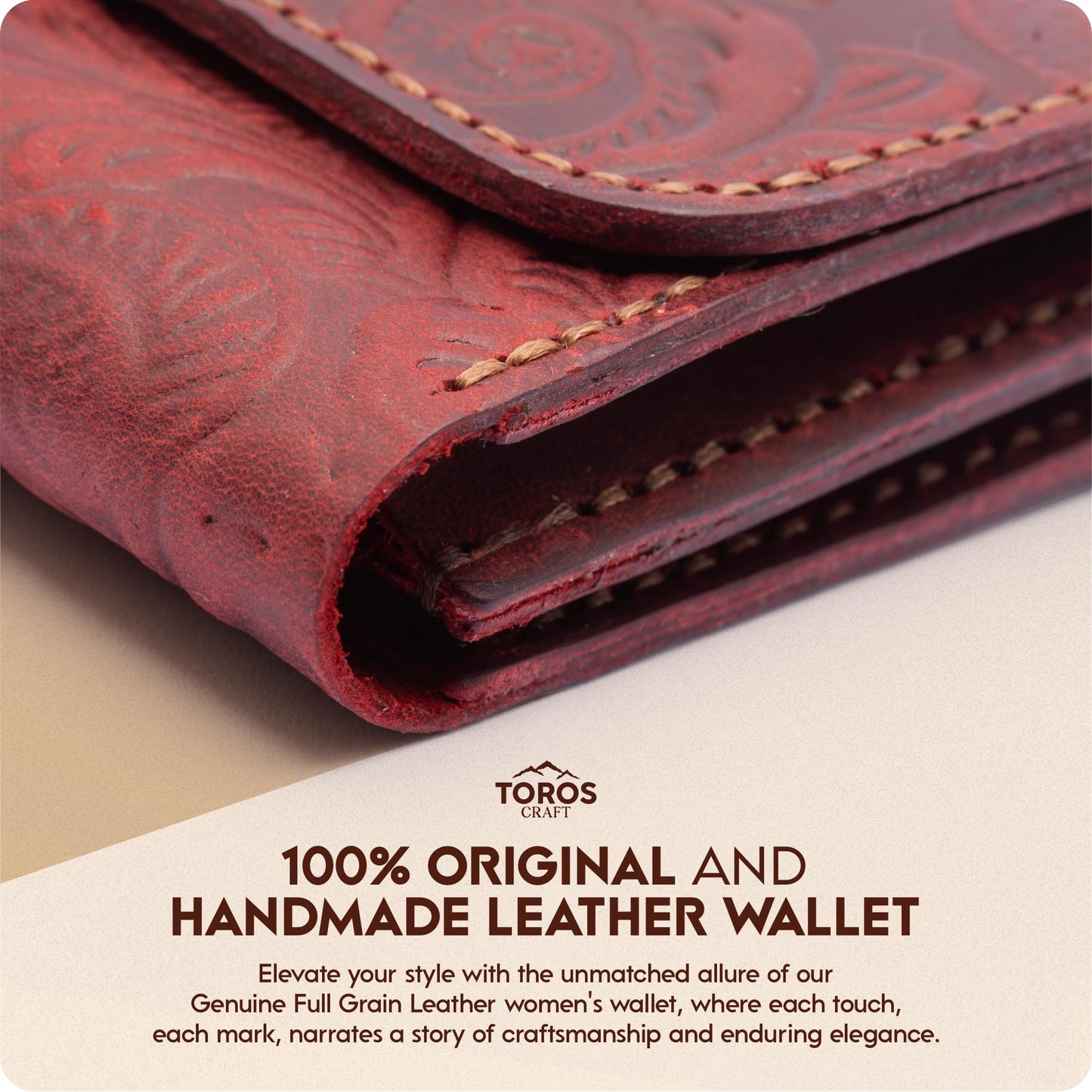 Toros Craft Handmade Wristlet Wallets for Women, Western Leather Small Credit Card Holder with Zipper, Minimalist & Cute Coin Pouch, Genuine Leather, Red