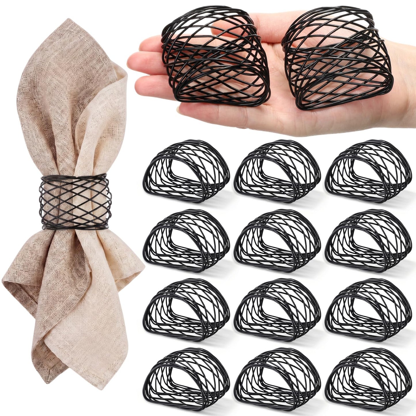 LemonRoad 12 Pcs Black Wedding Metal Napkin Rings Twisted Wire Mesh Napkin Holder Buckles Modern Boho Minimalist Semicircle Serviette Ring Rust Resistant Decorations for Cloth Napkins Dinner Banquet
