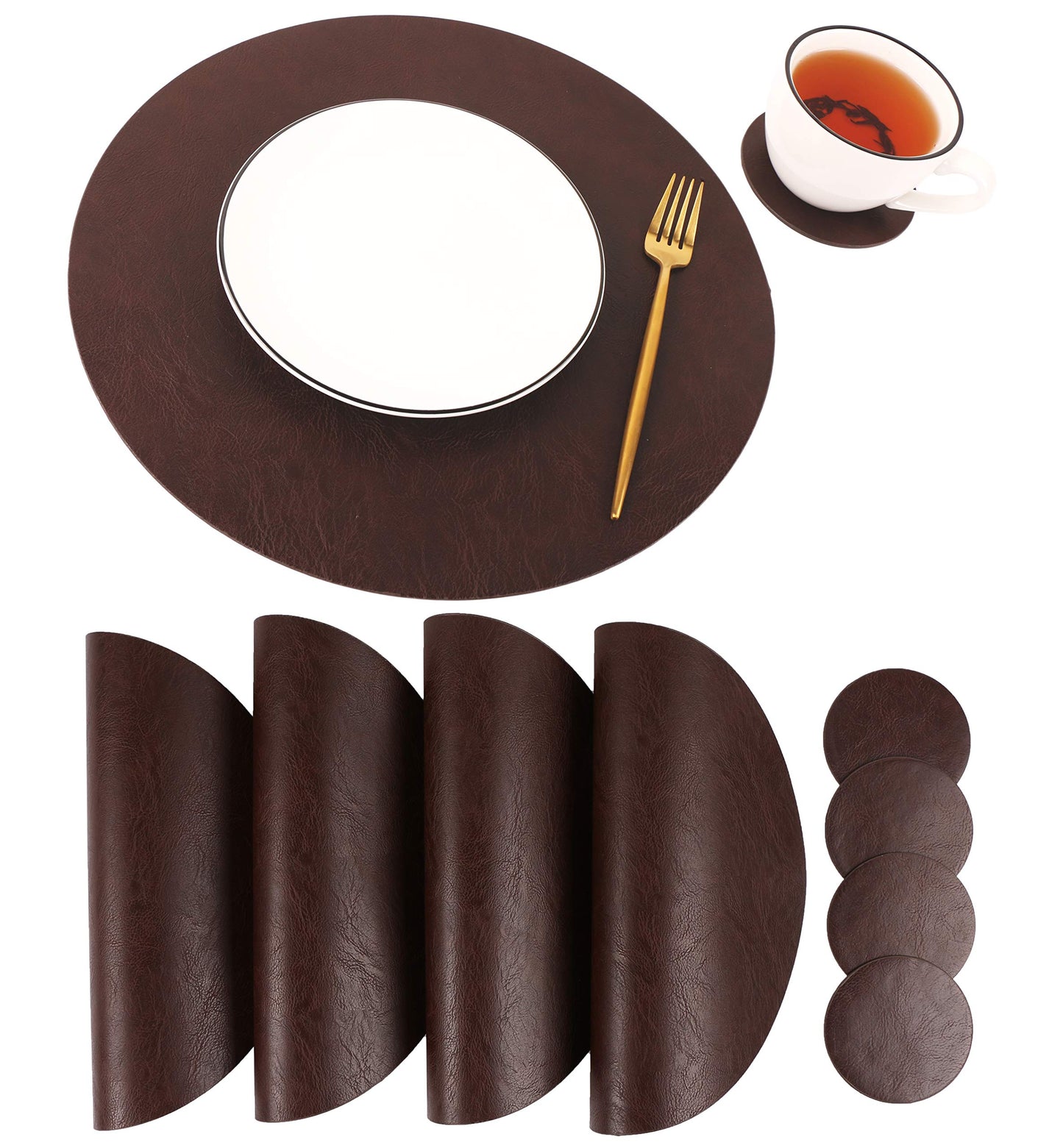 Embossed PU Leather Placemats, Waterproof Coffee Coasters, Kitchen Table Mats, Easy to Wipe Off for Dining Round Table