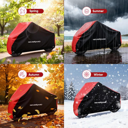 NEVERLAND Motorcycle Cover Waterproof Outdoor - All Season Scooter Covers Heavy Duty with 2 Lock-Holes, Bandage & Storage Bag Fits Most Motorcycles, Scooters, Dirt Bikes, Sportbikes (Up to 86”)