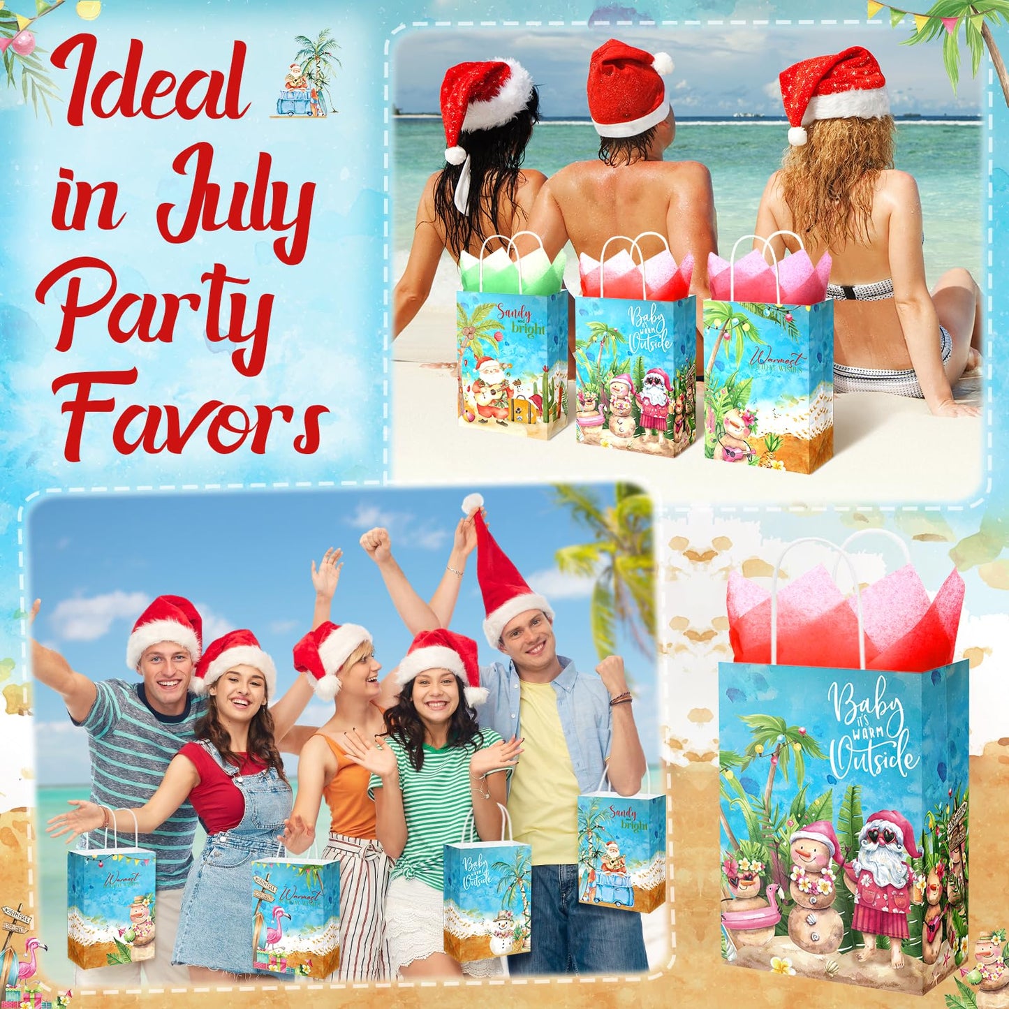 Sinload 24 Sets Summer Christmas Party Gift Bags with Tissue Paper Xmas in July Santa Tropical Goodie Bags with Handle Christmas Treat Tote Hawaiian Flamingo for Beach Pool Birthday Party Decoration