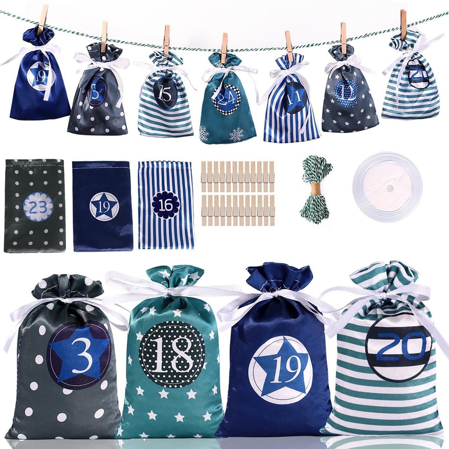 24 Pcs Christmas Drawstring Gift Wrap Bags Reusable Advent Calendar Bags Cute Xmas Candy Toys Goody Treat Bag Pocket for Holiday Weedings Birthdays Party Favor Home Storage Gift Bag