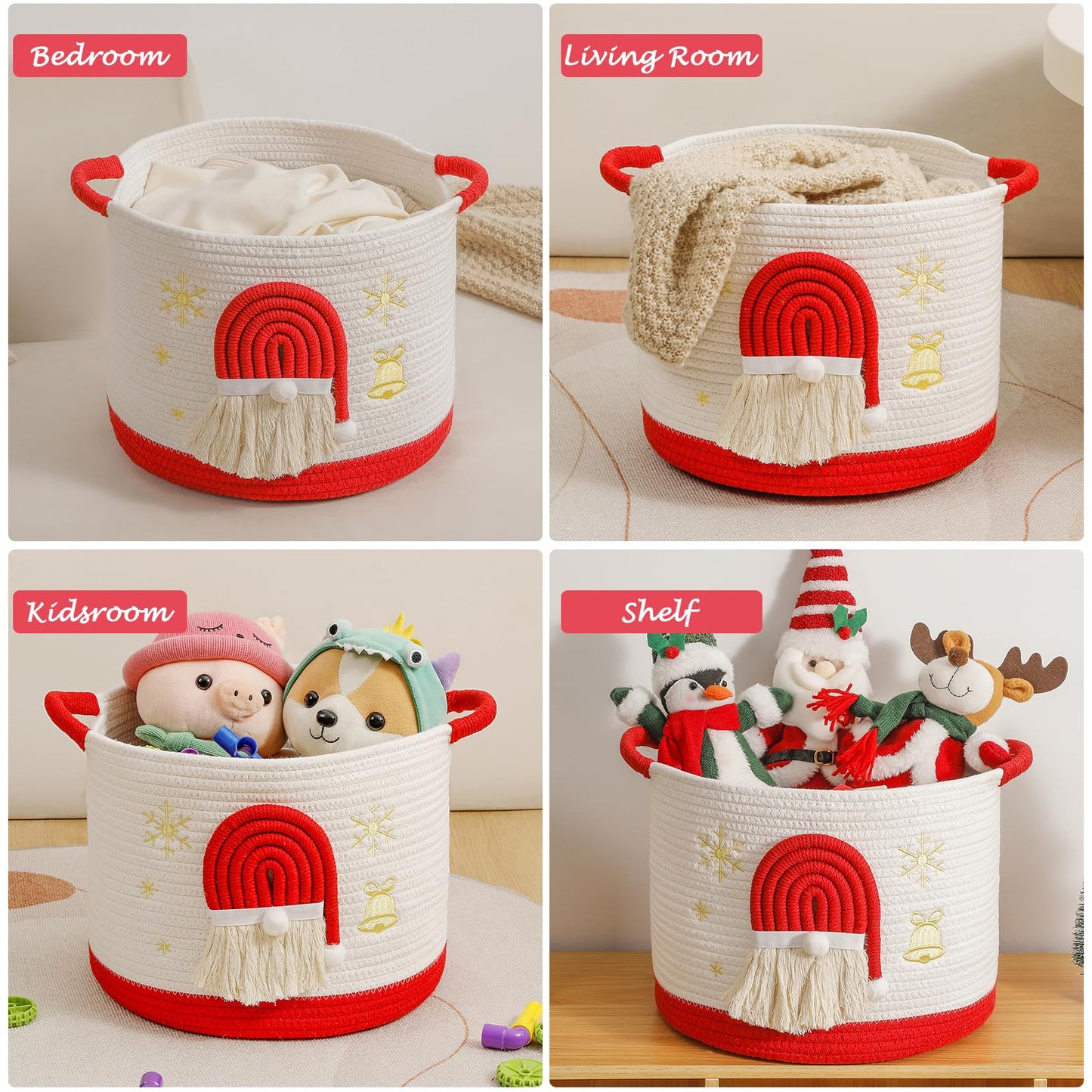 Christmas Basket Cotton Rope Blanket Storage Basket Large Christmas Buckets with Red Handle, Laundry Baskets with 3D Santa Claus Raffle Basket Holiday Baskets Empty for Gifts Decorative Winter Baskets