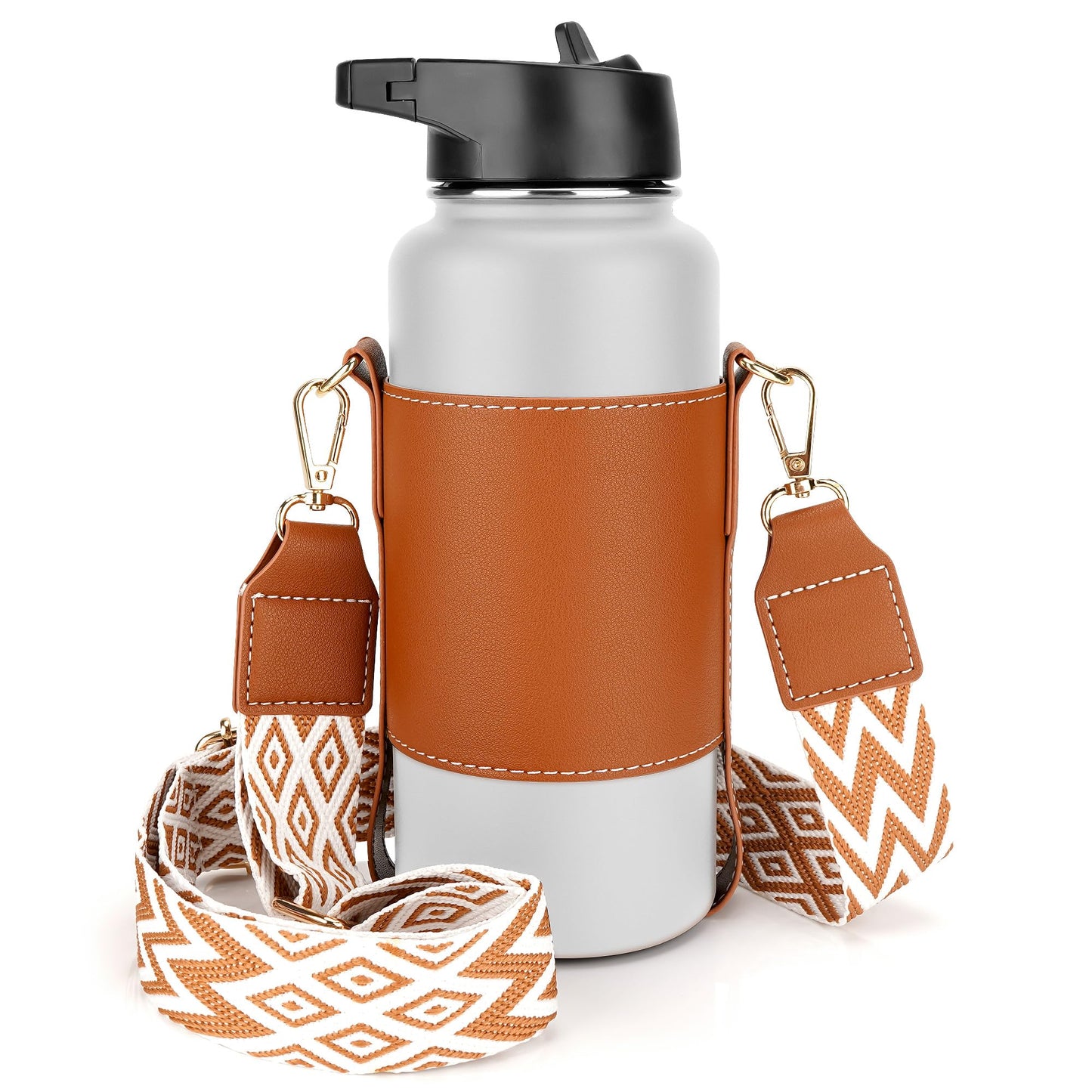 Linkidea Vegan Leather Water Bottle Carrier with Strap Compatible with Hydro Flask Wide Mouth 32oz, Iron Flask, Waterbottle Sling Bag Holder with Shoulder Strap